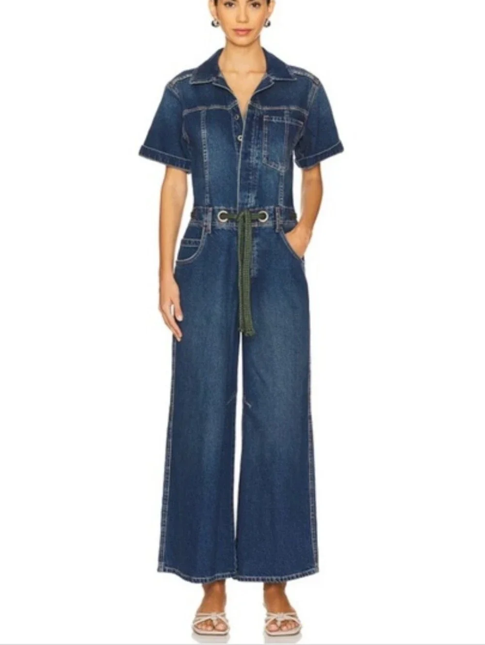 Free People Denim Short-Sleeve Jumpsuit in Medium Blue